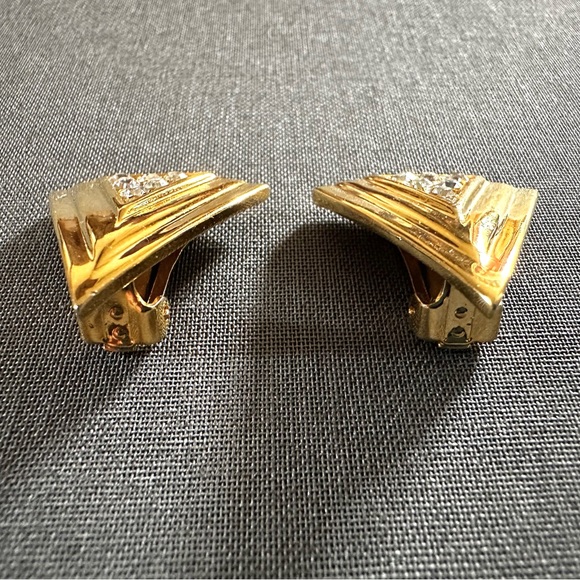 1990s Vintage Gold Tone Triangular Clip On Earrings with Clear Crystal Accents - Picture 7 of 11